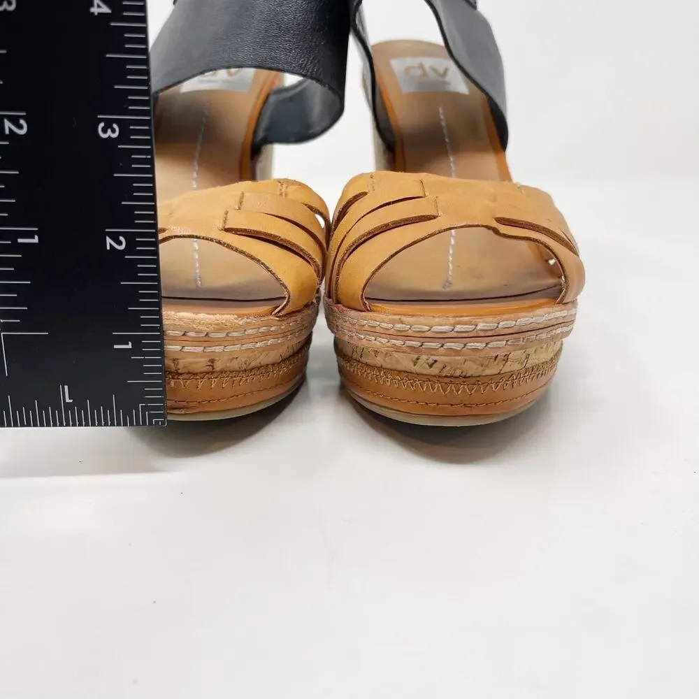 DV by Dolce Vita Womens 7.5 Honey Tan Black Jaslyn Wedge Heel Sandal Cork Buckle